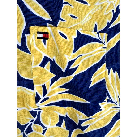 Tommy Hilfiger Hawaiian Tropical Floral Foliage Button Shirt Blue Yellow Mens XL - Picture 2 of 4